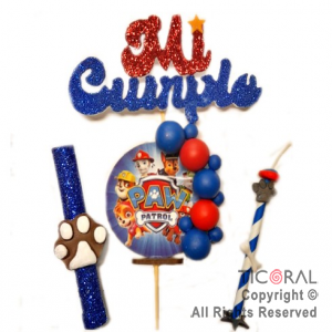 SET TOPPER MI CUMPLE PAW PATROL CON BENGALA Y VELA CON APLIQUE X 1
